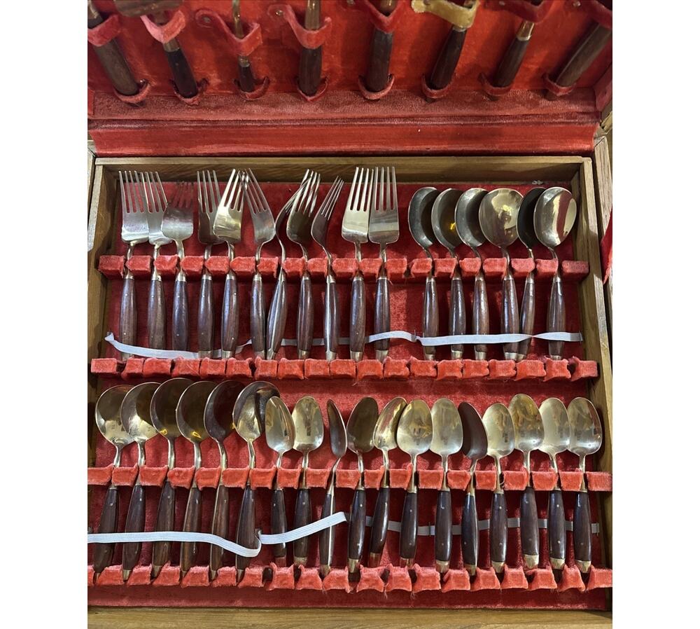 Vintage Thai Brass and Rosewood Flatware Set In Box - Svc for Twelve 142 PC READ